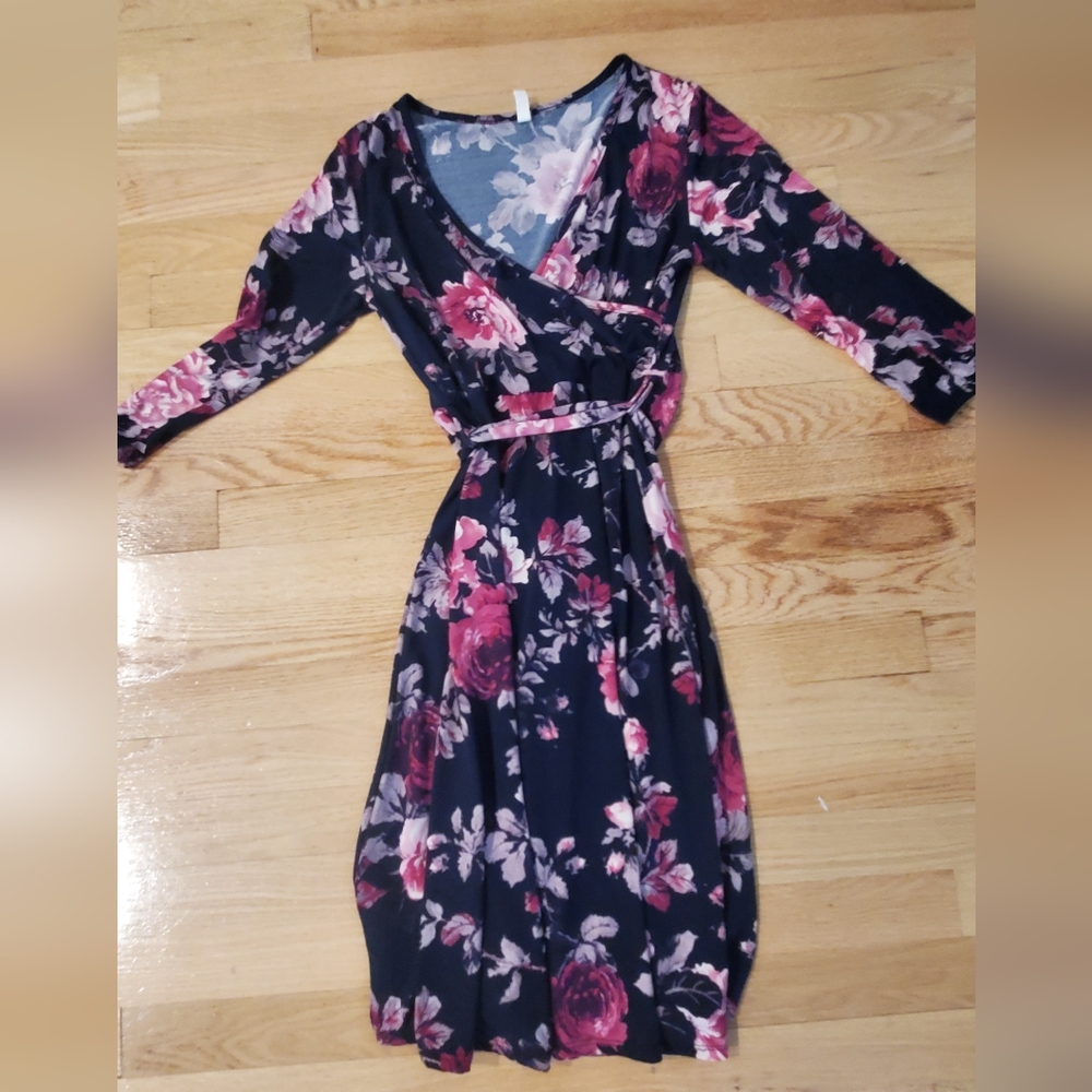 PinkBlush Maternity Wrap Dress, Size Small, Navy Blue Floral Print